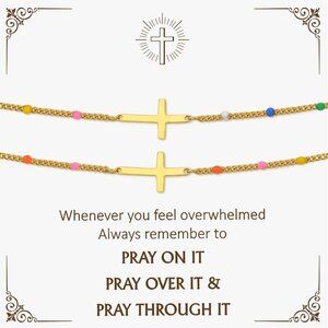 Gold Cross Bracelet Set for Women Dainty 14k Gold Plated Christian Prayer Jewelr